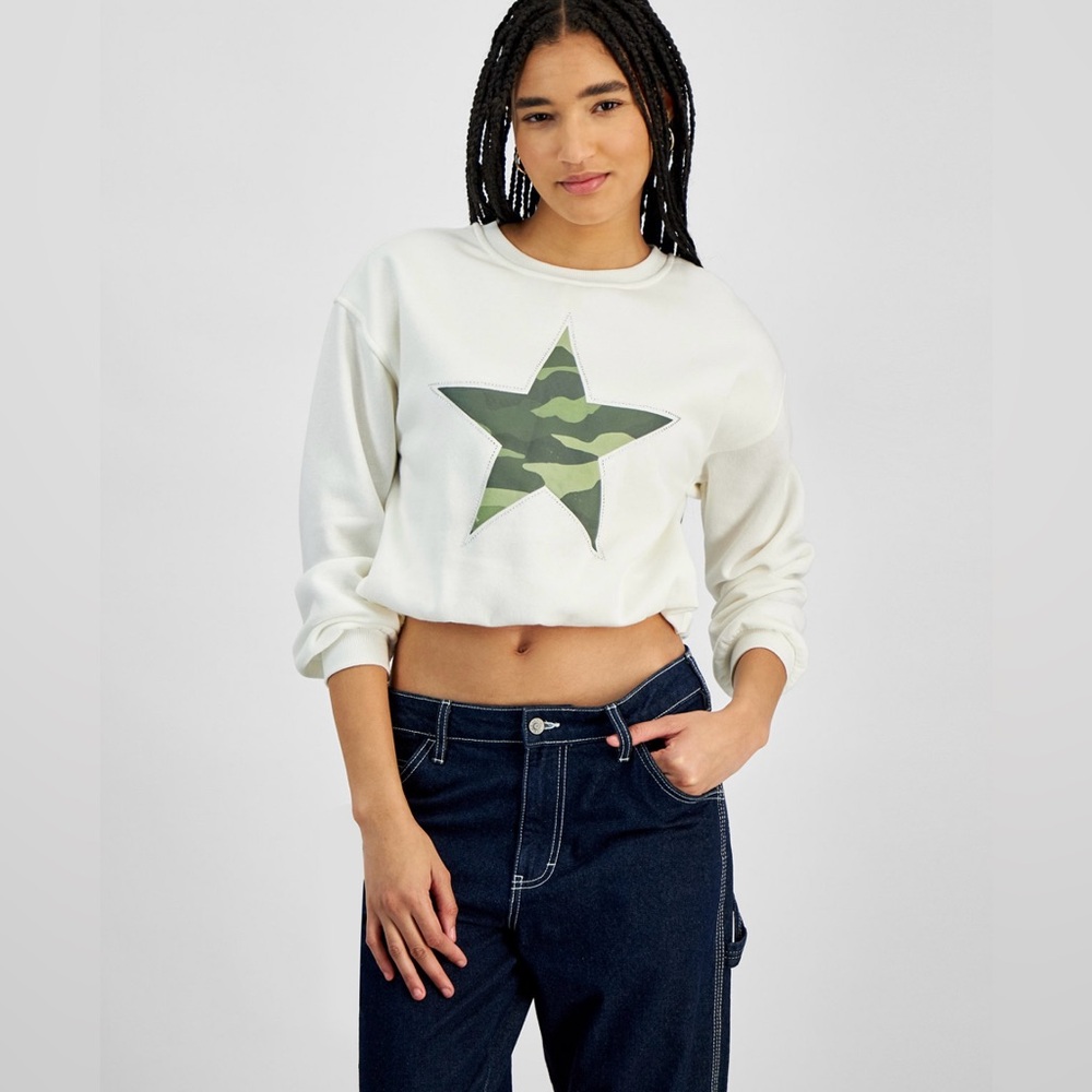 Juniors' Bubble Hem Varsity Crewneck Sweatshirt - Picture 2 of 5